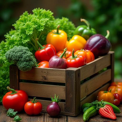 Colorful, seasonal vegetables and fruits overflowing from a wooden crate.